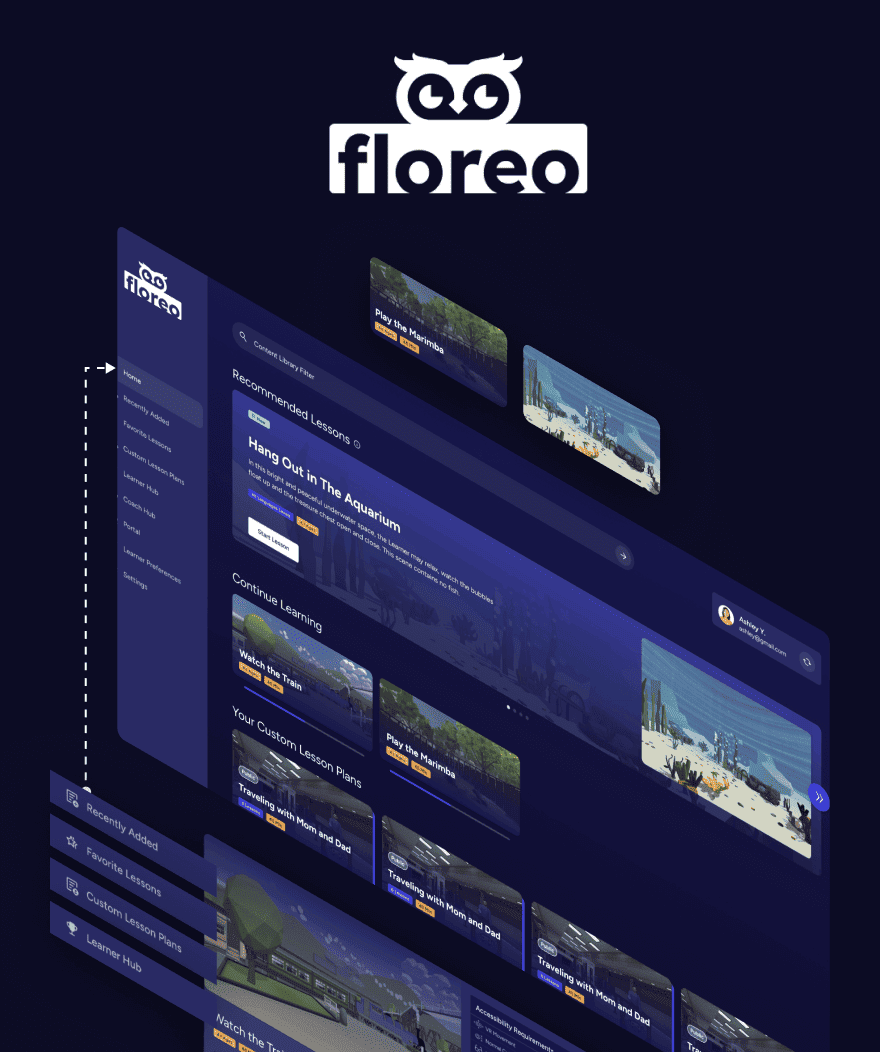 Logo of Floreo with owl icon above a digital interface displaying educational lessons and navigation menus.
