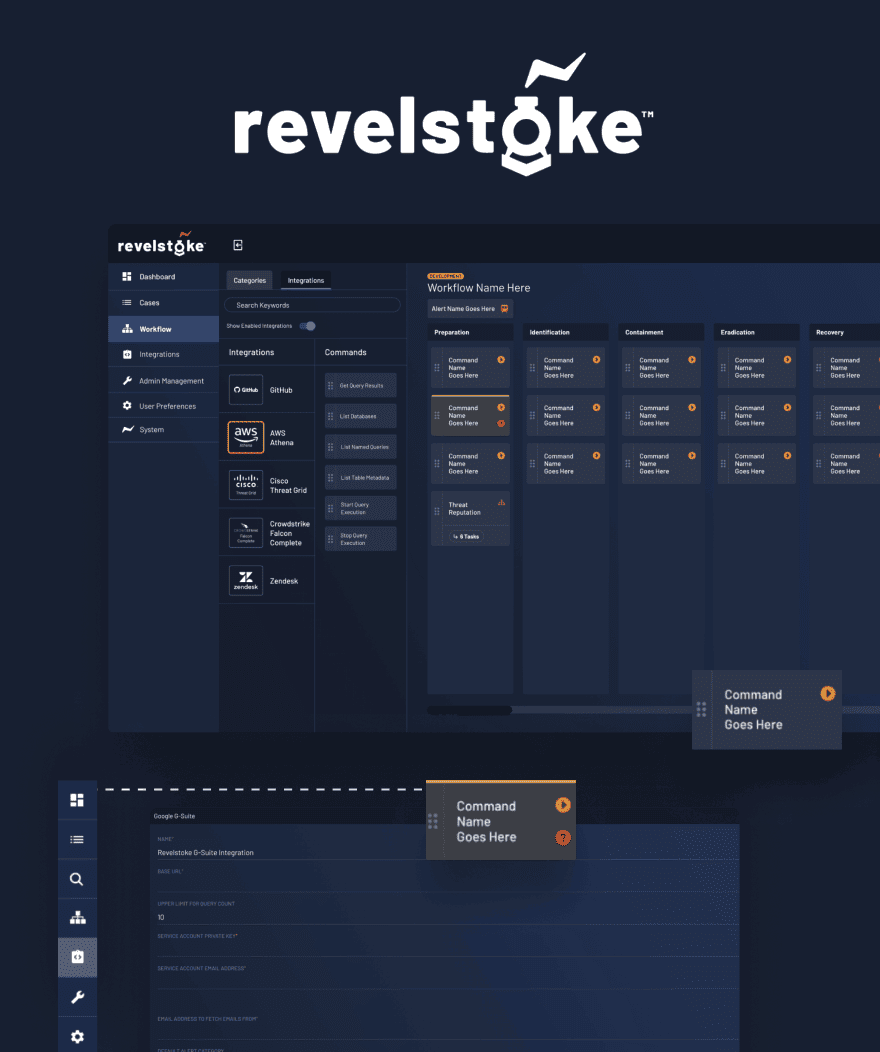 Dashboard interface of Revelstoke workflow automation platform with integration options and command blocks.