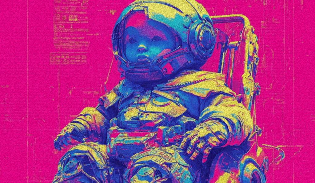 Child in a space suit sitting in a chair with a pink background and digital elements.