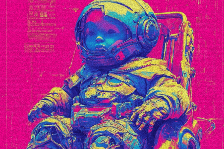 Child in a space suit sitting in a chair with a pink background and digital elements.
