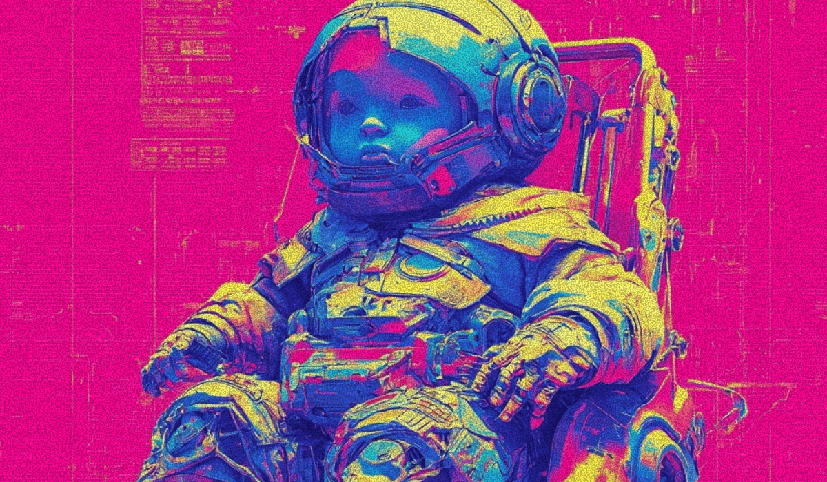 Child in a space suit sitting in a chair with a pink background and digital elements.