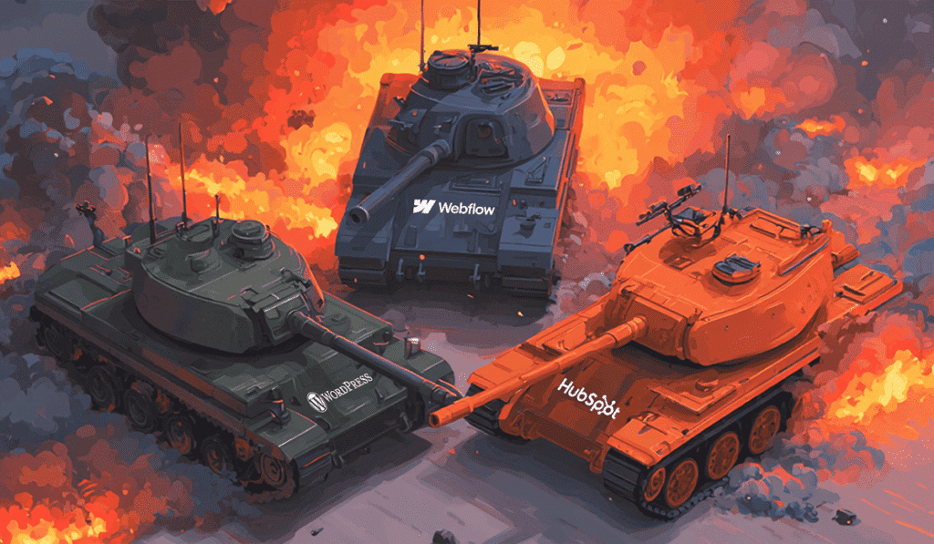 Three tanks labeled WordPress, Webflow, and HubSpot face off amid explosions and smoke, symbolizing a digital marketing