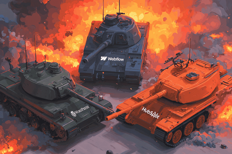 Three tanks labeled WordPress, Webflow, and HubSpot face off amid explosions and smoke, symbolizing a digital marketing