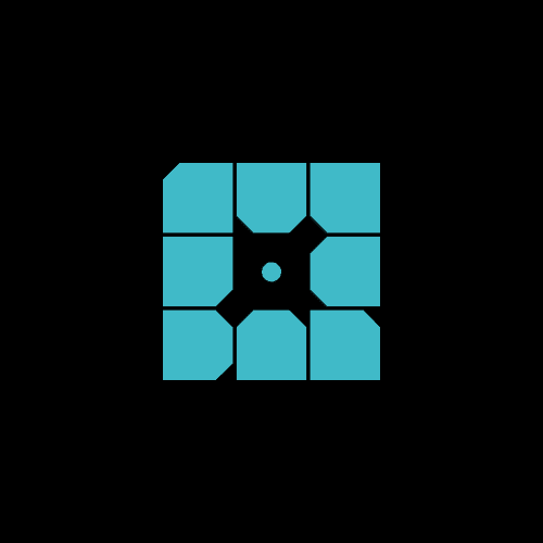 A blue and black icon resembling a camera lens with a central dot, surrounded by eight blue rectangular shapes on a black