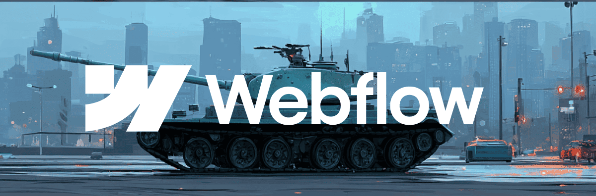 A military tank on a city street with tall buildings and traffic lights in the background, overlaid with the Webflow logo.