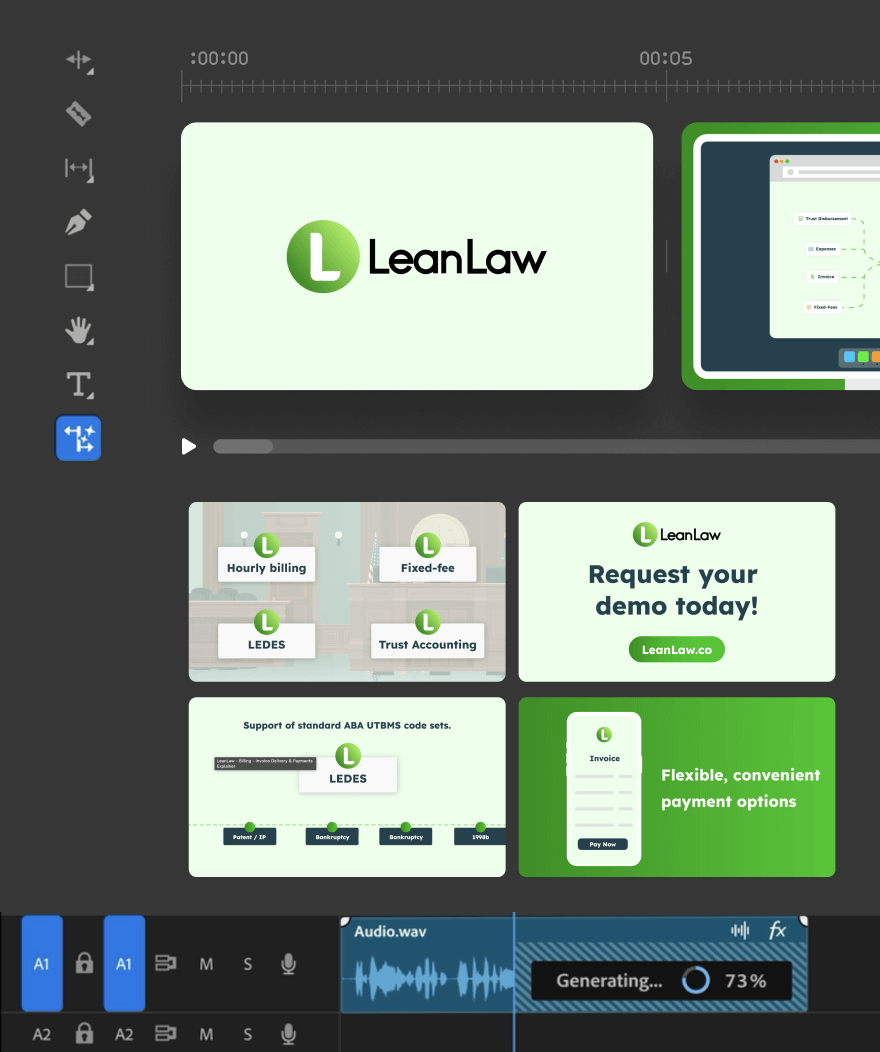 A video editing interface displays a LeanLaw presentation with options for billing, trust accounting, and payment methods.