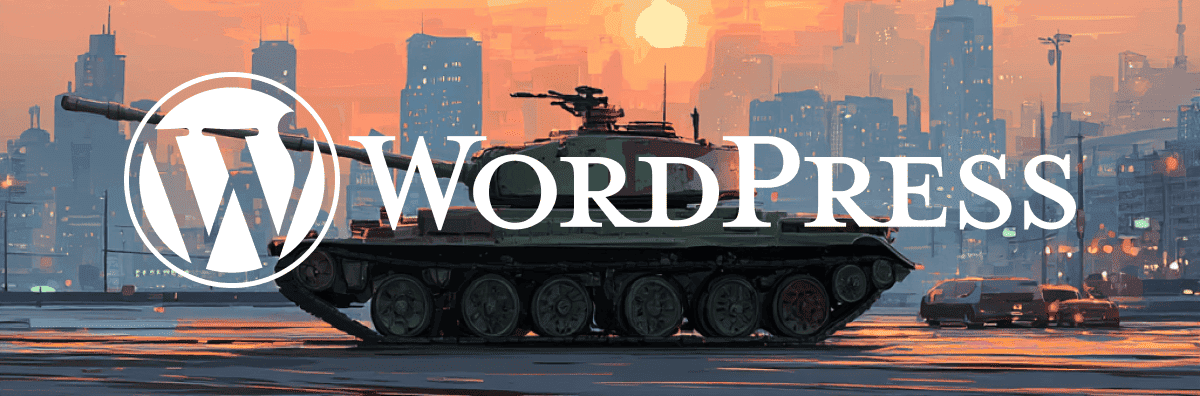 A tank with the WordPress logo and text on a cityscape background at sunset.