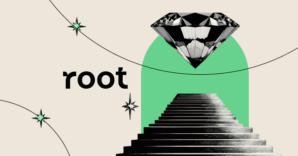 A large diamond hovers above a staircase with the word "root" and star-like decorations on a beige background.