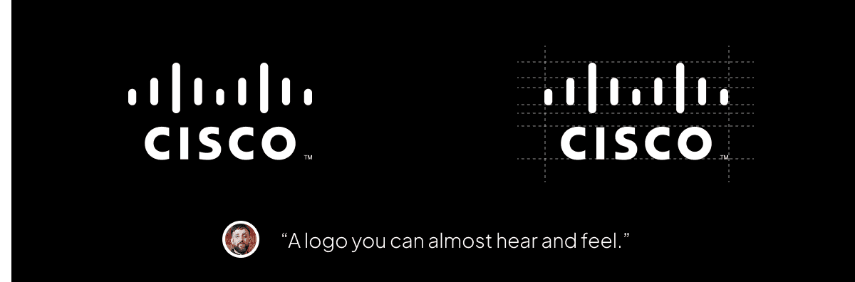 Comparison of two Cisco logos, one with sound wave lines and the other with grid lines, accompanied by a quote about the