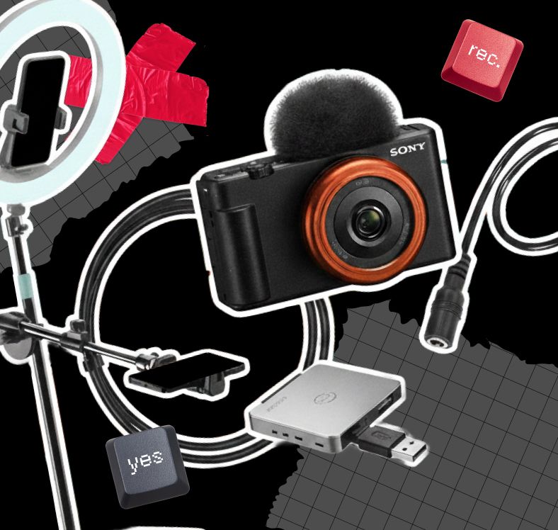 Flat-lay collage of a camera, ring light, microphone, cables, and capture card representing a content creator toolkit.
