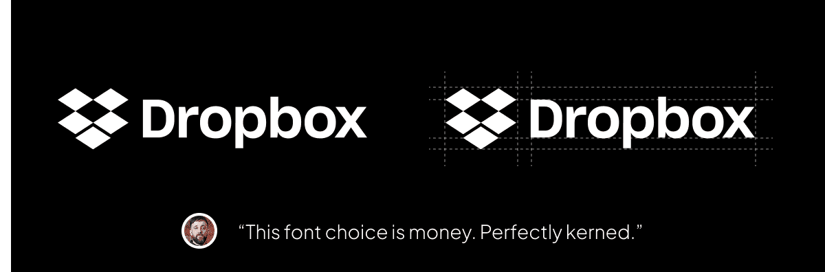 Comparison of the Dropbox logo in two styles with a quote: "This font choice is money. Perfectly kerned."