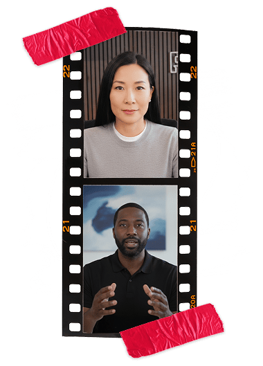 Vertical film strip graphic showing two people in a stacked video call layout, layered over a white brush-stroke texture with red tape accents.