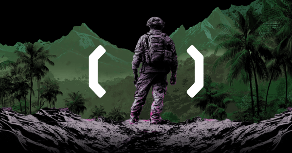 A soldier with a backpack stands on rocky terrain amidst lush trees and green mountains under a dark sky.