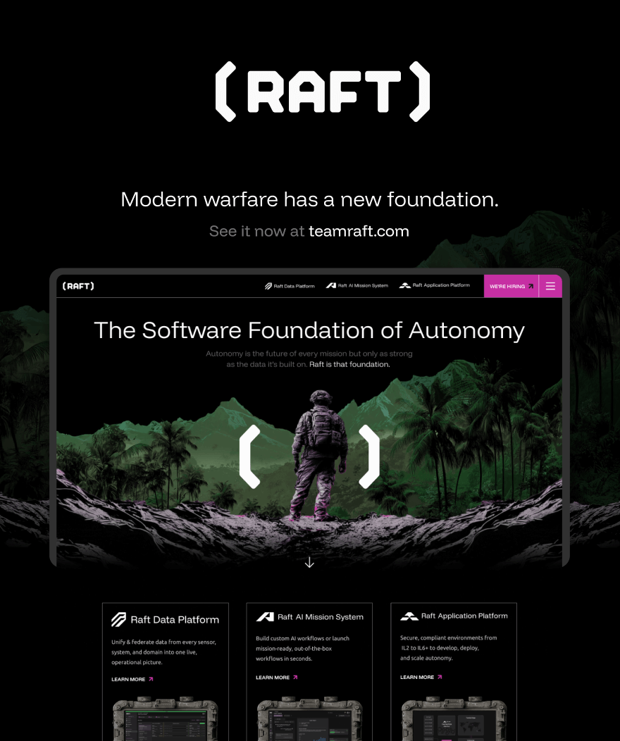 A soldier stands in front of a mountainous jungle landscape with a digital overlay promoting software for autonomy and data