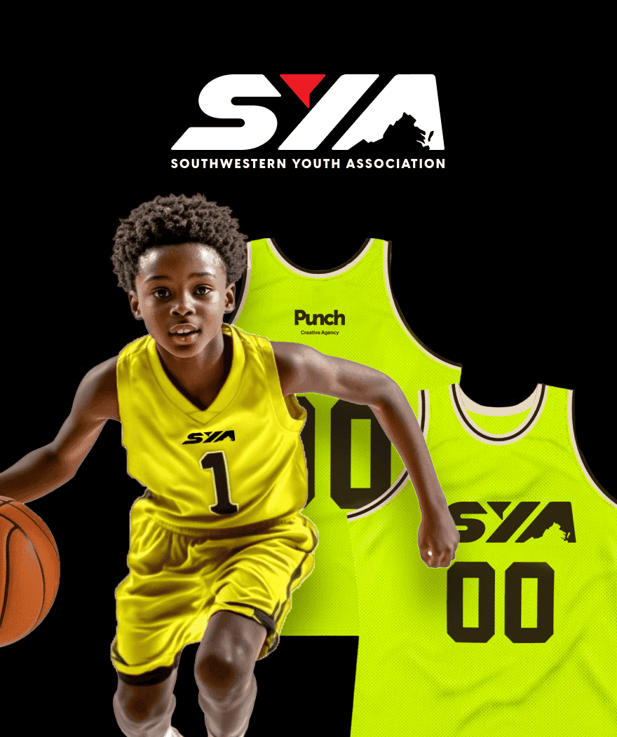 A young boy in a yellow basketball uniform dribbles a ball, with two yellow jerseys and the SWY logo behind him.