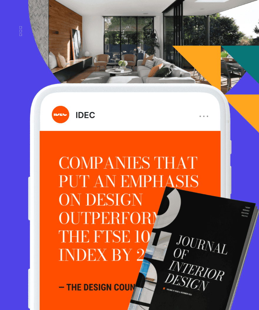 A smartphone displaying an article about design companies, with a journal of interior design book partially overlapping it,