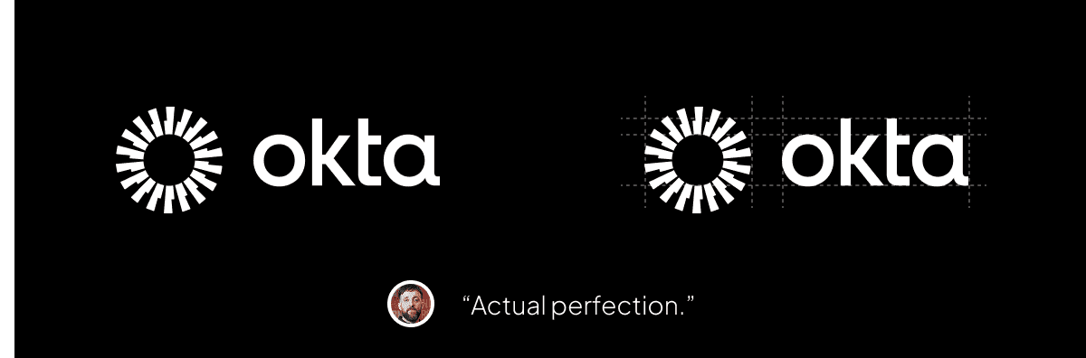 Comparison of the Okta logo with grid and guide lines, accompanied by a quote: "Actual perfection."