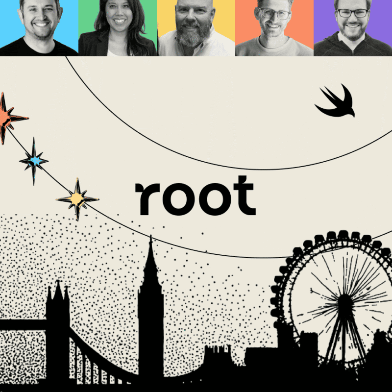 Five diverse people are shown in a colorful strip above a black-and-white London skyline with the word "root" and a bird