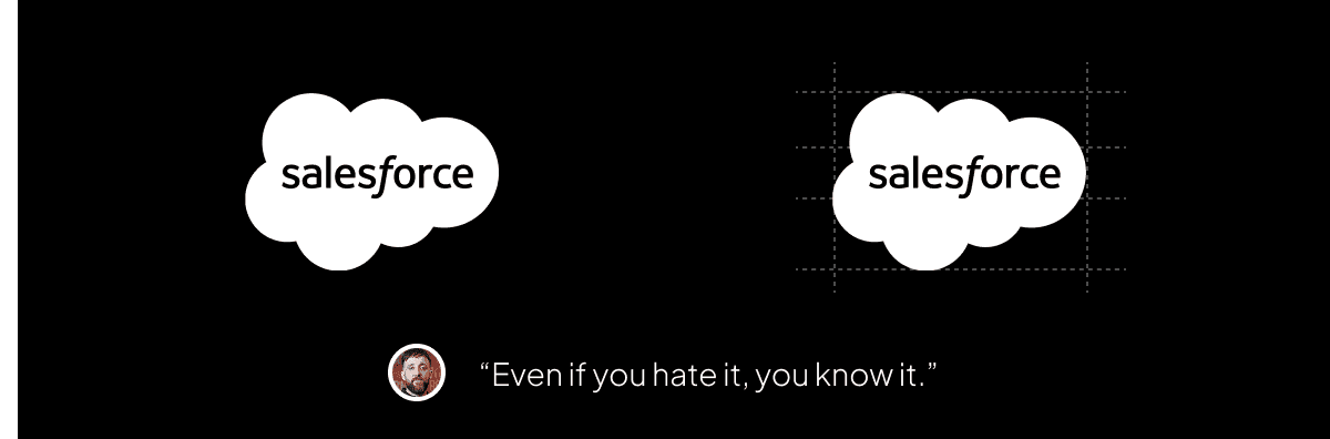 Comparison of two cloud icons labeled "salesforce" with a quote: "Even if you hate it, you know it."