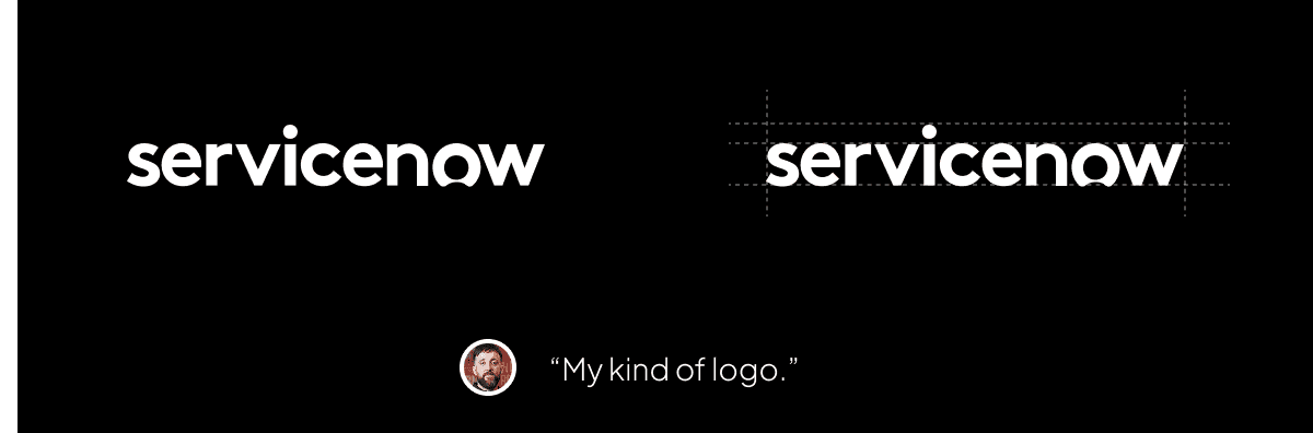 Comparison of two logo designs for "servicenow," with one labeled as "My kind of logo" and a person's photo below.