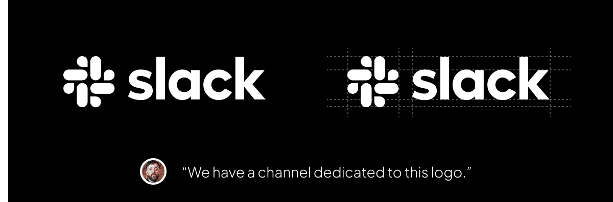 Comparison of the Slack logo in its original and grid-aligned versions with a quote about a dedicated logo channel.