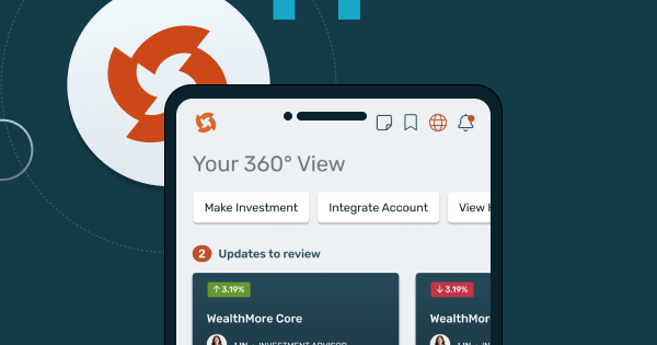 A smartphone screen displays a financial app with options to make investments, view accounts, and review updates.