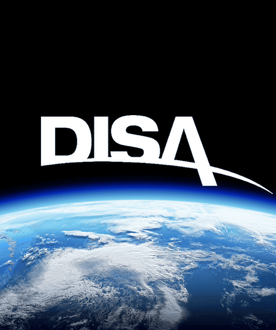 Earth viewed from space with the DISA logo above, showing clouds and ocean beneath a black sky.