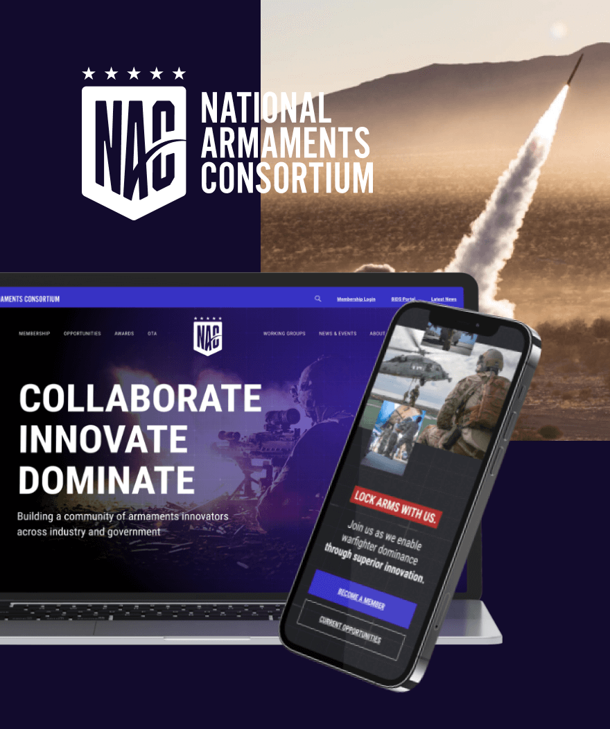 Logo of the National Armaments Consortium with a missile launch in the background and a laptop and smartphone displaying its