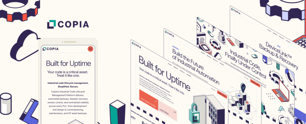Multiple digital screens display COPIA's industrial code management platform with headlines like "Built for Uptime" and
