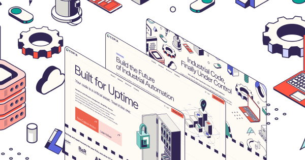 A digital illustration of industrial automation with a webpage titled "Built for Uptime" surrounded by gears, servers, and