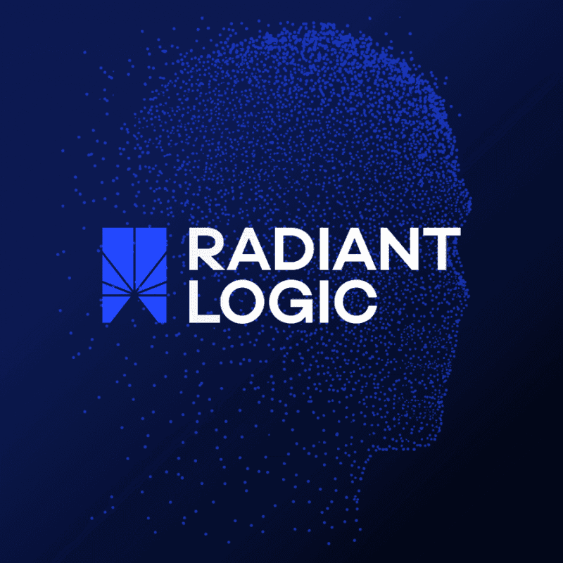 Blue digital dots form a human head outline with the Radiant Logic logo and text in white on a dark background.