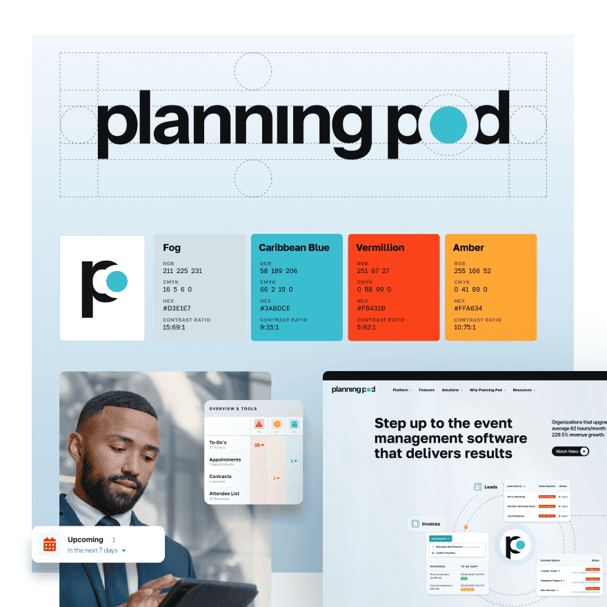 A person using a smartphone with a planning app interface, featuring upcoming events and tools for event management.