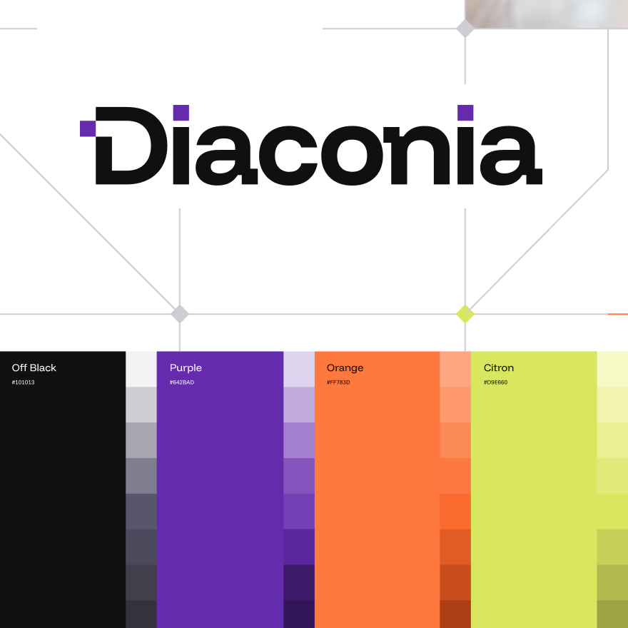 The image features the word "Diaconia" in bold black letters with purple accents, above a color palette including black,