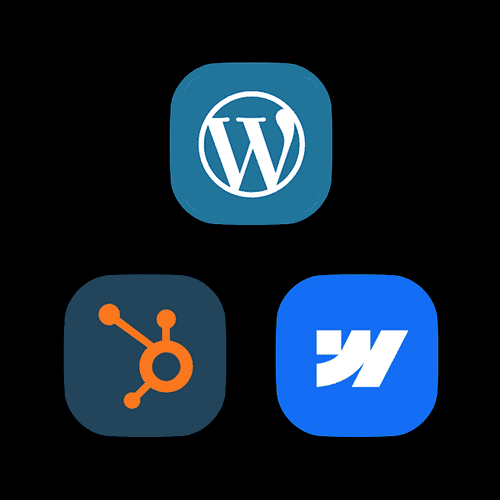 Icons of WordPress, HubSpot, and Hootsuite apps arranged in a triangular pattern on a black background.