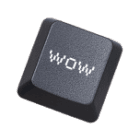 Dark square button labeled “wow” styled like a physical keyboard key.